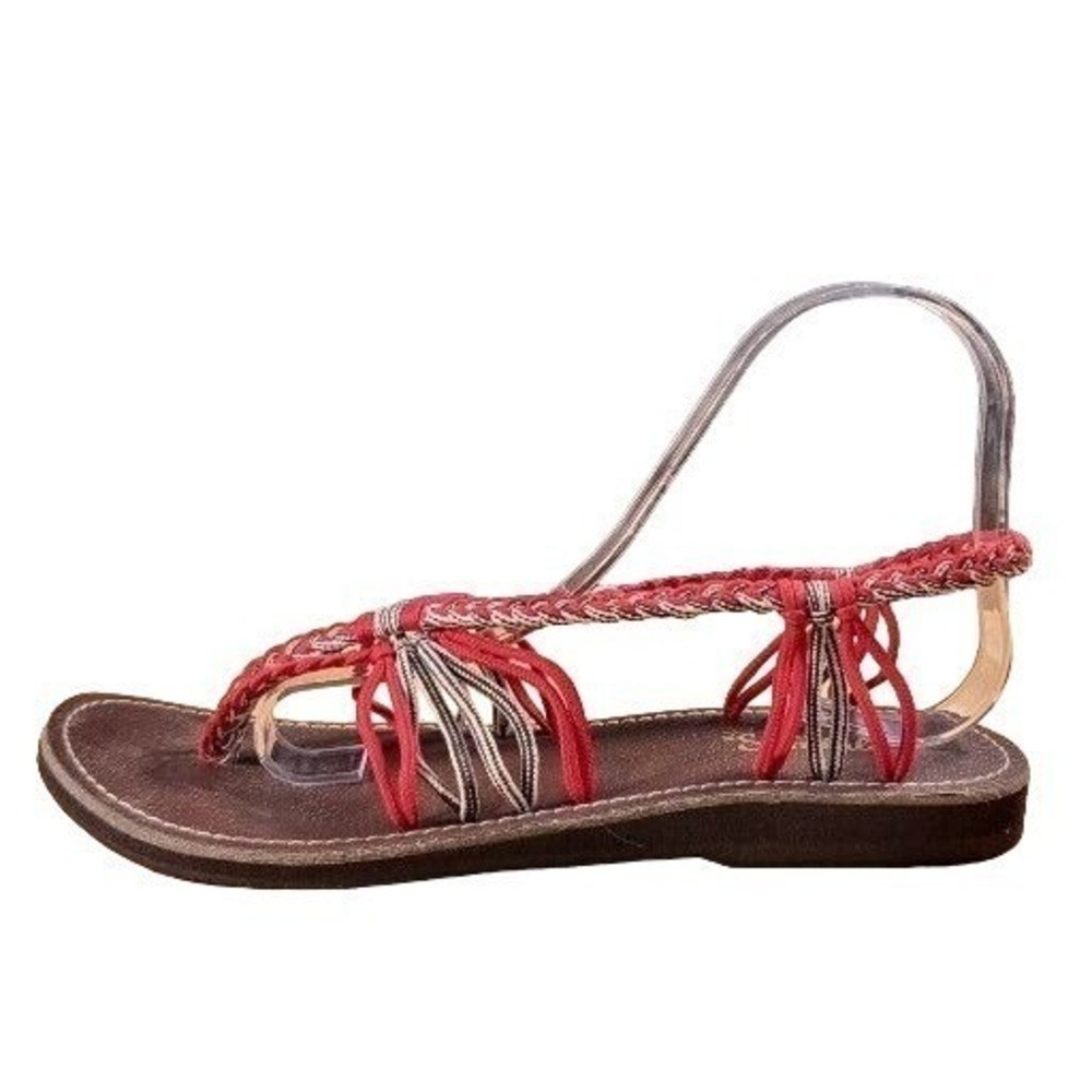 Be Lovely Red Woven Leather Flat Sandals Womens Size 6 Strappy Slide Boho Summer